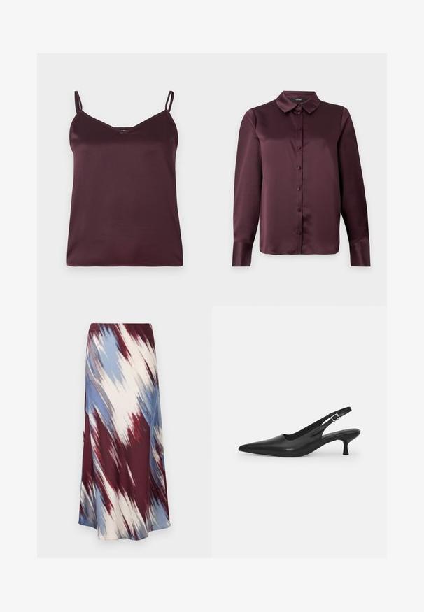 Burgundowa satynowa koszulka na ramiączkach z cienkimi regulowanymi paskami i dekoltem w kształcie litery V. Gładka faktura, prosty design i brak widocznych wzorów lub akcentów.; Burgundowa satynowa bluzka zapinana na guziki z klasycznym kołnierzykiem, długimi rękawami i gładką teksturą. Posiada zapięcie z przodu z dopasowanymi guzikami.; Długa spódnica z skośnym wzorem tie-dye w kolorach burgundowym, niebieskim i kremowym, wykonana z miękkiego materiału o płynnej sylwetce i delikatnym połysku.; Czarne skórzane buty typu slingback z wydłużonym noskiem i smukłym, zakrzywionym obcasem. Posiadają dyskretny regulowany pasek z metalową klamrą.
