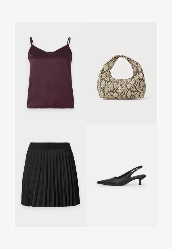 Burgundska satinasta top s tankimi nastavljivimi naramnicami in V-izrezom. Gladka tekstura, preprost dizajn in brez vidnih vzorcev ali poudarkov.; Bordo satenska srajca na gumb s klasičnim ovratnikom, dolgimi rokavi in gladko teksturo. Ima sprednji žep s usklajenimi gumbi.; Črna nagubana krila z gladko teksturo, ki ima trden črn pas in odtisnjen logotip na sprednji strani.; Črne usnjene sandale z odprtim peto in konično oblikovanim prstom ter ozkim, ukrivljenim petnim delom. Imajo diskretno nastavljivo zaponko z kovinsko sponko.; Torba z vzorom kače s ukrivljenim ročajem. Narejena iz teksturiranih, bež in rjavih materialov, ki imajo značilen diamante vzorec.