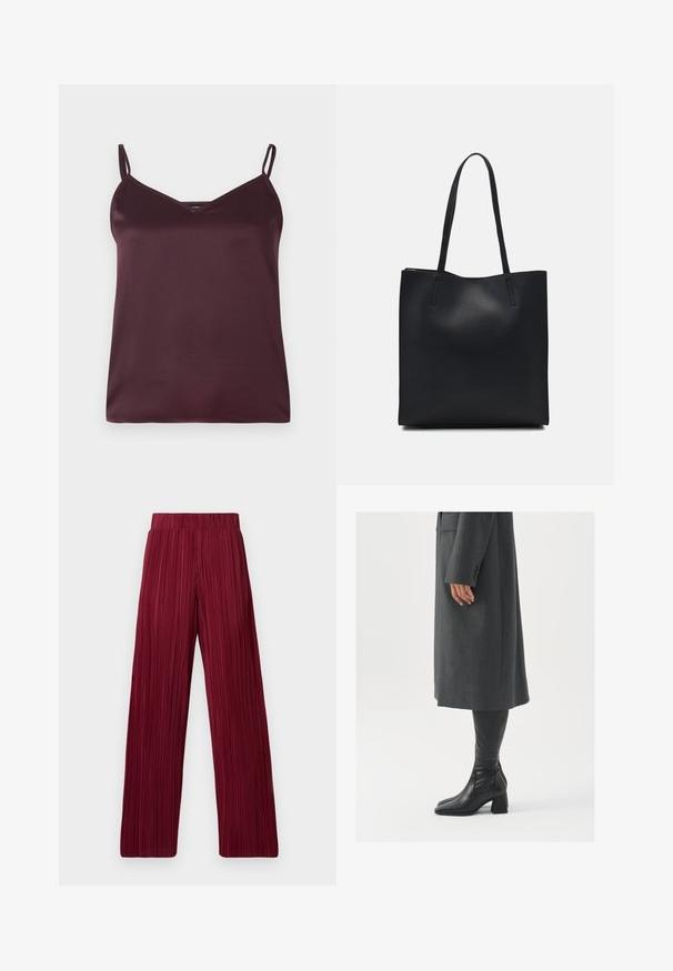 Bordeaux satijnen camisole met dunne verstelbare bandjes en een V-halslijn. Glad textuur, eenvoudig ontwerp, en geen zichtbare patronen of accenten.; Bordeaux kleurige plooibroek met wijd gesneden pijpen en een elastische tailleband. De stoffen zijn textuur met verticale strepen. Rechte snit tot aan de zoom.; Grijze, op maat gemaakte overjas met een rechte snit; gecombineerd met kniehoge zwarte leren laarzen met een vierkante neus en chunkyerand.; Zwarte leren handtas met een gladde textuur, rechthoekige vorm en twee lange handvaten. Geen zichtbare hardware of versieringen.