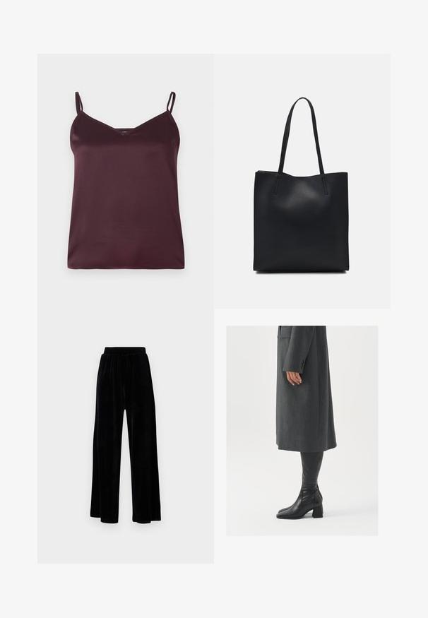 Camisolă din satin burgundy cu bretele subțiri ajustabile și decolteu în V. Textură netedă, design simplu, fără modele sau accente vizibile.; Pantaloni negri cu picioare largi, din catifea moale, prevăzuți cu un corset elastic și o textură fină, fără detalii sau modele vizibile.; Palton gri, croit cu un croi drept; asortat cu cizme din piele neagră, până la genunchi, cu vârf pătrat și toc chunky.; Geantă tote neagră din piele, cu textură netedă, formă rectangulară și două mânere lungi. Fără hardware vizibil sau ornamente.