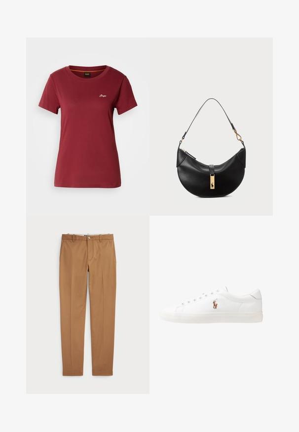 Burgundy short-sleeve t-shirt made of soft cotton, featuring a round neckline and a small white "Boss" logo on the chest.; Brown cotton trousers with a slim-fit design, flat front, and standard pockets; smooth texture and hemmed cuffs.; White leather sneakers, low-top design, featuring a smooth texture, round toe, laced front, and a small embroidered logo on the side.; Black leather handbag in a half-moon shape. Features a gold hardware accent and a narrow strap. Smooth texture, zipper closure at the top.