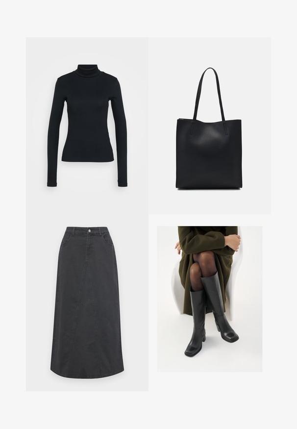 Black long-sleeve ribbed turtleneck sweater with fitted silhouette on a plain light background.; Black denim skirt with a straight cut, featuring a front panel detail, two pockets, belt loops, and a button closure at the waistband.; Knee-high black leather boots with a squared toe and block heel, shown with a model seated in an olive green coat. Smooth texture, minimal detailing.; Black leather tote bag with smooth texture, rectangular shape, and two long handles. No visible hardware or embellishments.
