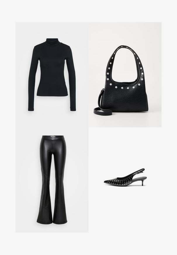 Čierny dlhý rukáv rebrovaný rolák s priliehavým strihom na svetlom jednoliatom pozadí.; Čierne rozšírené nohavice vyrobené z lesklej ekologickej kože, s vysokým pásom a hladkou textúrou. Žiadne viditeľné kovanie alebo vzory.; Čierne kožené slingback podpätky s špicatou špičkou a malým podpätkom. Ozdobené kovovými cvočkami pozdĺž vrchnej časti pre pridanie textúry.; Čierna kožená kabelka s textúrou a striebornými cvokmi pozdĺž hornej hrany a na uchách, so krátkym uchom a odnímateľným popruhom.