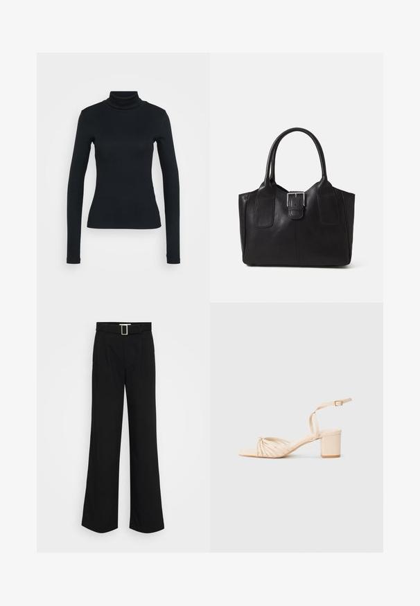 Musta pitkähihaisen ribbitekstuurin turtleneck-paita, jossa on istuva leikkaus, vaalean yksinkertaisen taustan päällä.; Musta leveälahkeinen housut, jotka on valmistettu kevyestä kankaasta, jonka pinta on sileä. Housuissa on etulaskokset ja vyö, jossa on neliön muotoinen metallisolki.; Beige strappy sandaalit, joissa on neliön muotoinen kärki, kierretty etuosa, nilkkahihna ja paksu korko. Sileä pinta, minimilaitteinen tyyli.; Musta nahkainen olkalaukku, jossa on sileä pinta, ryhdikäs muoto, kaksi kahvaa ja silmienpistävä hopeinen solkiyksityiskohta edessä.