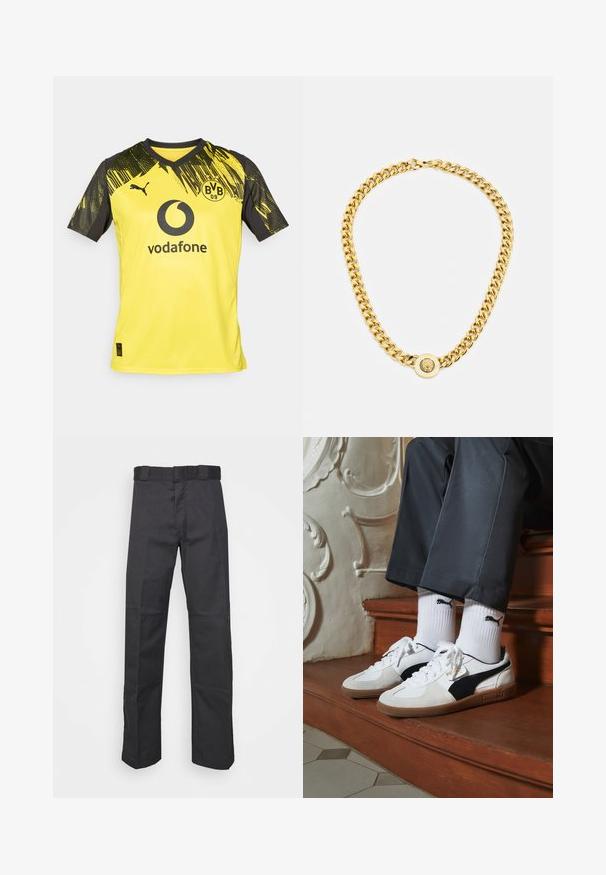 Geltona futbolo marškinėliai su juodais akcentais. Yra V formos kaklas, stilizuota dizaino detalė pečių srityje, "Vodafone" logotipas ir Dortmundo "Borussia" emblemą.; Juodos kelnės, pagamintos iš patvarios medžiagos, su tiesiais kaire, juosmeniu su diržo kilpomis ir siūlėmis, suteikiančiomis tekstūrą.; Puma sportbačiai baltoje ir juodoje zomšo spalvų derinys, su rudu guminio pado apdaila. Derinama su baltais kojiniais, kuriuose pavaizduota juoda logotipas, dėvimi su tamsiomis kelnėmis.; Auksinė grandinė su dideliais susijungusiais žiedais, centruje uždedamas apskritas pakabukas su iškilnia emblema.
