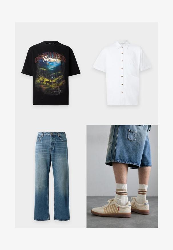 Tricou negru cu mâneci scurte, având un grafic colorat de peisaj cu cerbi, munți și cuvintele "DSQUARED2 Heritage" scrise cu litere îndrăznețe.; Cămașă albă cu mânecă scurtă din in, având închidere cu nasturi pe față, un buzunar pe piept și nasturi din lemn pentru accente.; Jeans largi de culoare albastru deschis, cu o spălare estompată, având închidere cu un singur buton, cinci buzunare și cusături contrastante.; Sneakers retro bej cu talpă din cauciuc brun, având accente în dungi și logo-uri brodate. Purtați cu șosete albe, detaliu în dungi maronii.