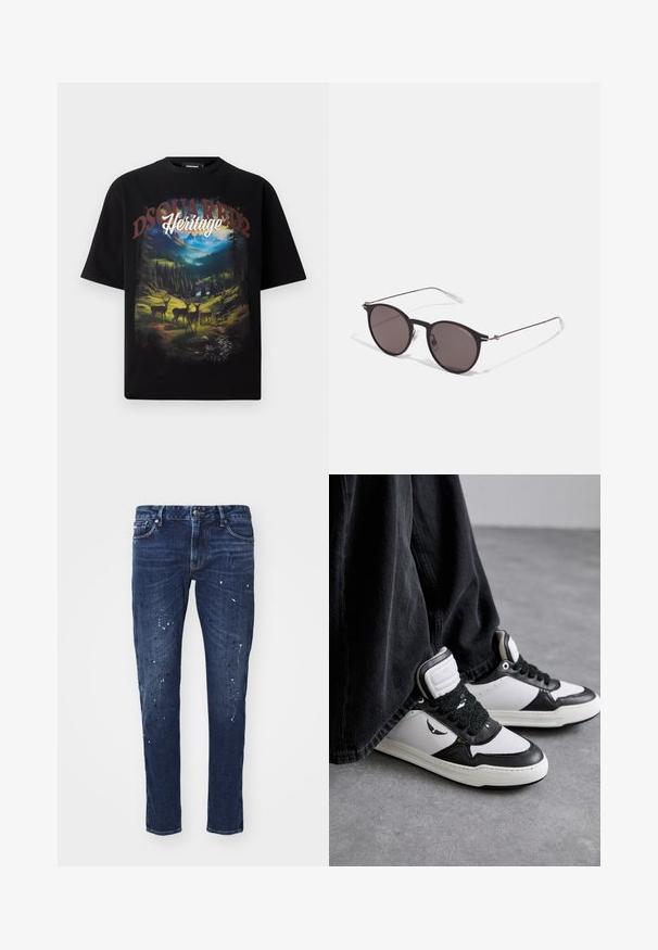 Camiseta negra de manga corta con un gráfico de paisaje colorido que incluye ciervos, montañas y las palabras "DSQUARED2 Heritage" en letras llamativas.; Jeans de mezclilla oscura con corte slim, que presentan manchas de pintura, costuras visibles y diseño clásico de cinco bolsillos. Corte recto.; Zapatillas altas en blanco y negro con un detalle de cordón negro texturizado, material de cuero y sintético, con un logo en el lado.; Gafas de sol redondas negras con lentes oscuros y brazos metálicos delgados. Incluye puntas de varilla transparentes y acentos plateados en la bisagra. Diseño minimalista.