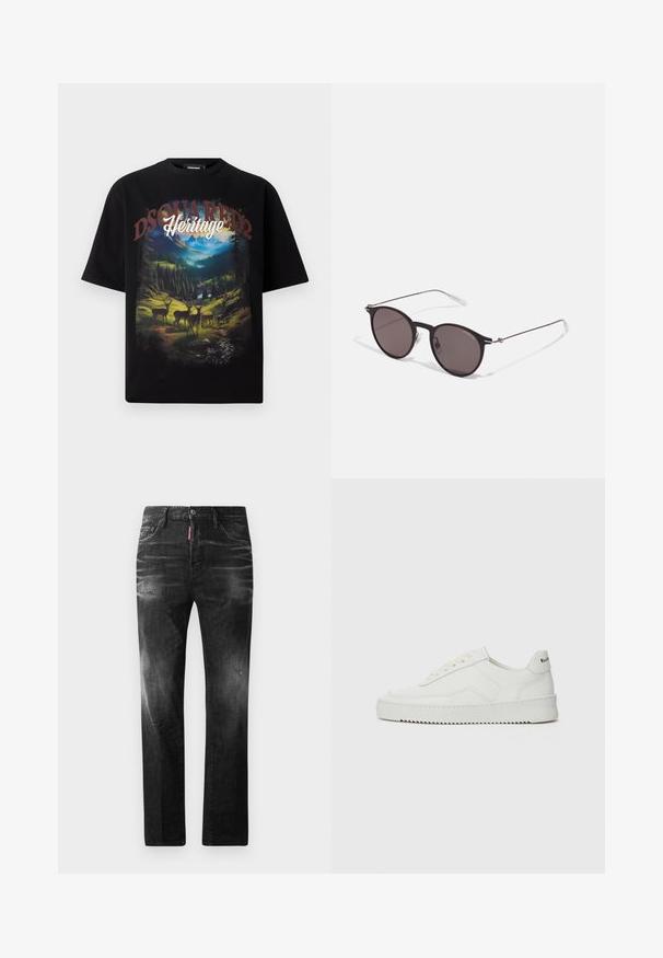 Sort kortærmet t-shirt med et farverigt landskabsgrafik med hjorte, bjerge og ordene "DSQUARED2 Heritage" i fed skrift.; Sorte denim jeans med lige pasform. Har falmede områder, mindre slid, klassisk fem-lommer design og knaplukning.; Hvide lædersneakers med en glat overflade, rund tå, flade snørebånd og en tekstureret sål. Har et diskret logo på hælen.; Sorte runde solbriller med mørke linser og slanke metalarme. Inkluderer klare tempeltips og sølvdetaljer ved hængslet. Minimalistisk design.