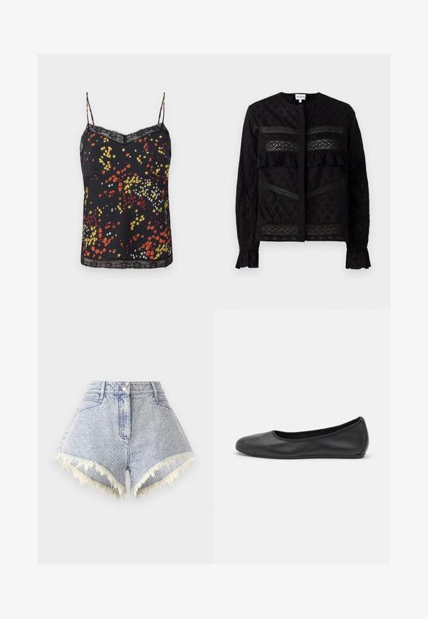 Musta kukkakuosiset hihattomat yläosat, joissa on punaisia, keltaisia ja valkoisia kukkakuoseja. pitsireunus kaula-aukossa ja helmassa, ohut säädettävä olkaimiin.; Mustat pusero, jossa on pyöreä kaulus, läpinäkyvät pitsiosat, röyhelökoristeet ja tekstuuriset kuviot. Pitkät hihat, joissa on joustavat reunat.; Vaaleansiniset farkkushortsit, joissa on risaiset reunat ja valkoiset yksityiskohdat. Niissä on etunappikiinnitys ja kaksi takataskua.; Musta nahkainen ballerina, jossa on pyöristetty kärki, sileä pinta, minimaalinen ommelkoristelu ja joustava pohjamuotoilu.