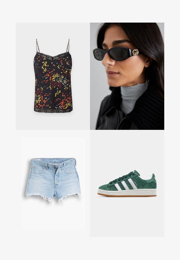 Schwarzes Blumen-Cami-Top mit roten, gelben und weißen Blumenmustern. Spitzenbesatz am Ausschnitt und Saum, mit dünnen, verstellbaren Trägern.; Hellblaue Jeansshorts mit hoher Taille, ausgefranstem Saum, Fünf-Taschen-Design und kontrastierender Naht. Zwei Knöpfe am vorderen Verschluss.; Grüne Wildleder-Sneaker mit weißen Lederstreifen, Gummisohle, gepolsterter Kragen und minimalistischem Design. Mit Branding an der Seite.; Schwarze Sonnenbrille mit einem schlanken rechteckigen Rahmen und einem goldenen Logo-Akzent an der Seite. Dunkle Gläser und glänzende Oberfläche sind auffällig.; Schlichte schwarze Ledertasche mit geflochtenem Design, in lässiger Form und breitem Schulterriemen. Sie verfügt über eine strukturierte, verflochtene Optik mit glatter Oberfläche.