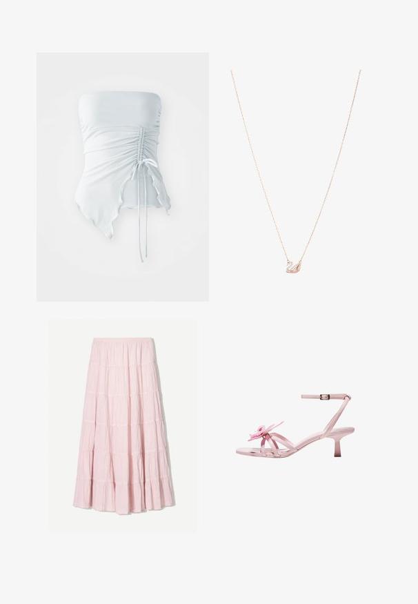 White strapless top with ruching detail. Smooth, stretchy fabric with a wavy hem and adjustable ties at the back. Soft texture, minimalist design.; Light pink, tiered maxi skirt made of a textured, lightweight fabric. Elastic waistband and flowing hem with ruffled accents.; Pink patent leather heeled sandals with a floral accent on the toe, featuring adjustable ankle strap and slender, short heel.; Rose gold necklace with a swan pendant, embellished with clear crystals. The chain features a delicate link design.