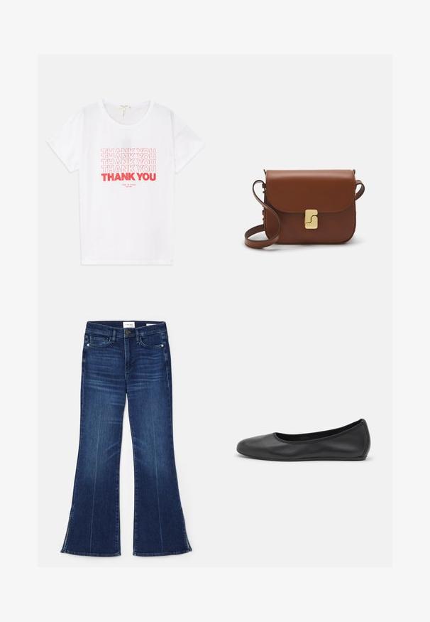 Hvid bomulds t-shirt med flere "TAK" grafik i rød, med rund halsudskæring og korte ærmer. Tekst i varierende skriftstørrelser.; Mørkeblå flagrende jeans lavet af denim. Har høj talje, forlommer og splitdetaljer i kanten. Klassisk fem-lomme design.; Sort læderballetsko med rund tå, glat tekstur, minimal syning og et fleksibelt såldesign.; Brun læder håndtaske med flaplukning, hardware i gyldent tone, en skulderrem og en glat overflade. Kompakt rektangulær form.
