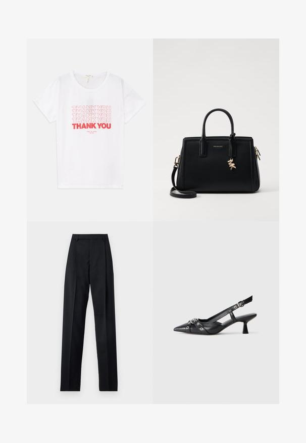 White cotton t-shirt featuring multiple "THANK YOU" graphics in red, with a round neckline and short sleeves. Text in varying font sizes.; Black trousers made from smooth fabric featuring a high waist, wide legs, front pleats, and classic belt loops. No side pockets visible.; Black leather slingback shoe with a pointed toe, decorative straps featuring metal eyelets, and a low block heel. Textured surface.; Black leather handbag with structured design, dual top handles, detachable shoulder strap, gold hardware, and a logo charm accent.