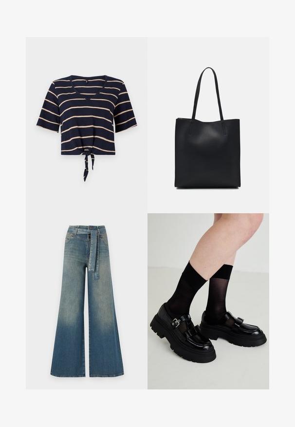 Marineblaue, kurz geschnittene T-Shirt mit horizontalen cremefarbenen Streifen, V-Ausschnitt, kurzen Ärmeln und einem vorderen Knoten für eine verstellbare Passform. Weiche Stofftextur.; Weit geschnittene Denim-Hosen mit einem Farbverlauf von hellblau zu dunkelblau, hoher Taille, Gürtelschlaufen und einem passenden Stoffgürtel. Strukturierte Denim-Oberfläche.; Schwarze Lacklederschuhe mit klobigen Sohlen, zwei dekorativen Riemen und einer Schnalle, kombiniert mit transparenten schwarzen Socken.; Schwarze Laptoptasche aus Leder mit glatter Textur, rechteckiger Form und zwei langen Griffen. Keine sichtbaren Beschläge oder Verzierungen.