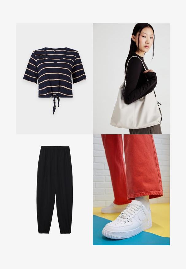 Navy blue cropped t-shirt with horizontal cream stripes, V-neck, short sleeves, and a tied front knot for adjustable fit. Soft fabric texture.; Black, lightweight pants with an elastic waistband and gathered ankles. The fabric is smooth and features a relaxed, tapered design.; White leather sneaker with perforated toe box, textured sole, and white laces, paired with wide red pants and a blue and yellow background.; Beige handbag made of soft material, featuring a slouchy design, stitched detailing, and two shoulder straps. Suitable for everyday use.