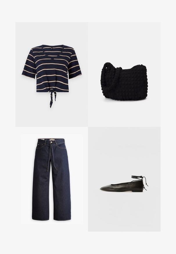 Navy blue cropped t-shirt with horizontal cream stripes, V-neck, short sleeves, and a tied front knot for adjustable fit. Soft fabric texture.; Wide-leg dark blue denim jeans with a high waist, featuring a drawstring tie, five pockets, and contrasting stitching details.; Black leather ballet flats with a pointed toe, ankle tie, and flat sole, featuring a smooth texture and minimalistic design.; Black fabric bag with a textured, quilted pattern. Rounded shape, short, thick handles, and a soft, flexible structure.