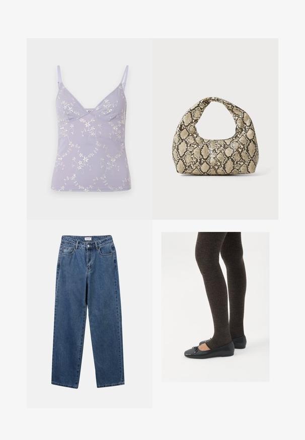 BDG Urban Outfitters JE TAIME BRODERIE - Top - lilac; Jeans de denim azul clássicos com um design de perna reta, cinco bolsos e fecho de botão. Apresenta um tratamento médio e uma textura resistente.; Sapatos planos pretos com um pequeno laço na ponta, emparelhados com meias-calças caneladas castanhas escuras. Os sapatos têm uma textura suave e um design discretamente baixo.; Bolsa com padrão de pele de cobra e uma alça curva. Feita de materiais texturizados em bege e castanho, apresentando um padrão de diamante distintivo.