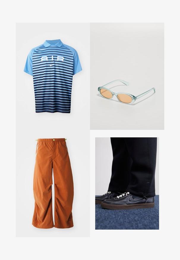 Nike polos krekls gaiši zilā krāsā ar horizontālām svītrām, kas pāriet no tumši zilas uz gaiši zilu. Iespējas: apmale un baltais "AIR" logo.; Oranžas plata kāju bikses ar elastīgu jostasvietu, sānu rāvējslēdzēja kabatām un brīvu, teksturētu audumu, kas izstrādāts ērtībai un kustībai.; Nike Sportswear KILLSHOT 2 LTR PRM OPP2 - Treniņu apavi - black sail baroque brown mtlc dk grey; Gaiši zili saulesbrilles ar ola formas rāmjiem un oranžām lēcām. Caurredzamās kājas ir ar gludām malām un vieglu līkumu.