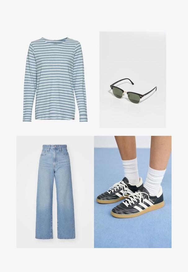 Langærmet skjorte i lys blå med vandrette mørkeblå striber. Rund hals, blødt stof, sideslidser og lille logodetalje nederst.; Lyseblå højtaljede bukser med bred benåbning, med frontknap og lynlås, samt for- og baglommer, på en hvid baggrund.; Sorte lædersneakers med hvide striber, rund tå, hvide snørebånd og gummisål. Fremhævet af polstret krave og brandingdetaljer.; Sorte og gyldne solbriller med grønne linser, der har en katteøjeform, metalliske detaljer og en tekstureret ramme.