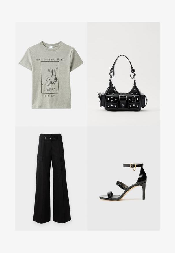 Graues Baumwoll-T-Shirt mit einem Cartoon-Hund, der ein Telefon hält, mit dem Text "Brauchen Sie einen Freund zum Reden? Ich habe ein offenes Ohr."; Schwarze weit geschnittene Hose mit hohem Bund, großen Seitentaschen, zwei vorderen Knöpfen und einer Schlaufen-Detail. Aus robustem Stoff gefertigt.; Schwarze Lackleder-Sandale mit drei Riemen, Knöchelriemen und 10 cm hohen Stiletto-Absatz. Verfügt über goldfarbene Hardware-Details und ein Logo-Charm.; Schwarze Lederhandtasche mit einem geschwungenen Design, verziert mit silbernen Nieten, einer Schnalle und zwei seitlichen Taschen. Verstellbarer Träger für verschiedene Tragemöglichkeiten.