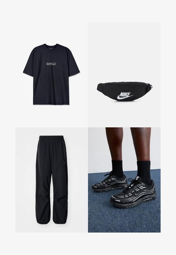 Juodas medvilnės marškinėliai su apvalia iškirpte, priekyje spausdintu baltu logotipu „Pescador Club“ ir „Vasaros kvapas“. Trumpomis rankovėmis.; Juodos lengvos krovininės kelnės su elastinga juosmeniu, šoninėmis užtrauktukais ir erdviomis kišenėmis. Turi laisvą prigludimą ir siaurėjančius rankogalius.; Juodi Nike batai turi orui pralaidžią viršutinę dalį su akcento juostelėmis, tekstūruotais raišteliais ir juodu guminio pado. Dėvimi su juodais šonkauliniais sokais.; Juodas nertinis fanny pack'as su užtrauktuku, su dideliu baltu "Nike" logotipu. Lygus paviršius ir ergonomiškas dizainas patogiam nešimui.