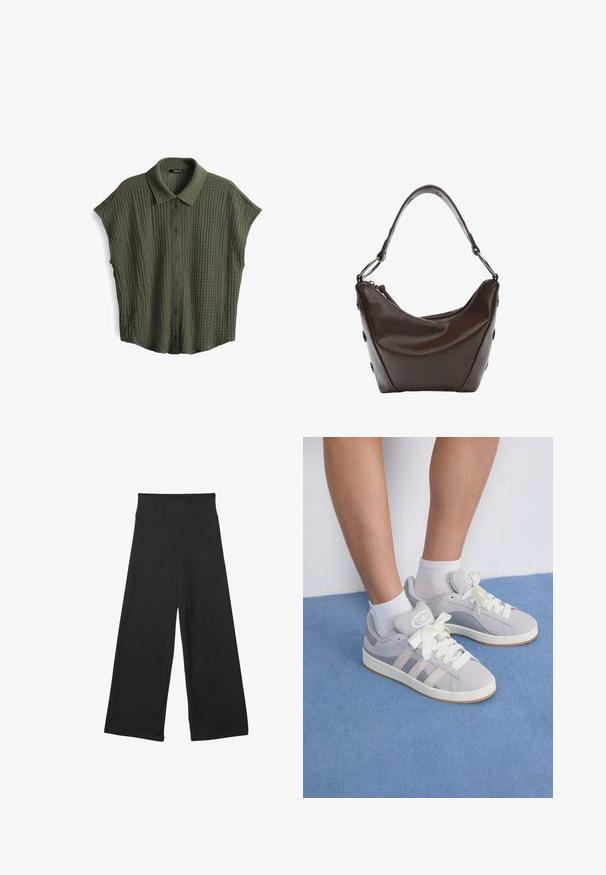 Olivgrünes kurzärmeliges Hemd aus strukturiertem Stoff mit kragen, Knopfverschluss und lockerer Passform.; Schwarze weit geschnittene Hosen mit einem hohen elastischen Bund, weichem Stoff und lockerer Passform, geeignet für legere Anlässe oder entspannte Umgebungen.; Graue Wildleder-Sneaker mit weißen Schnürsenkeln und Gummisohle, die drei diagonale Streifen an der Seite und ein Logo-Patch auf der Zunge aufweisen.; Dunkelbraune Lederhandtasche mit geschwungener Form, Reißverschlussverschluss und kurzem Griff. Sie verfügt über Metallbeschläge und dekorative schwarze Knöpfe an der Seite.
