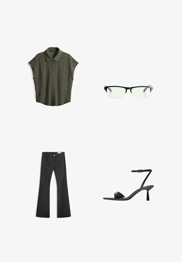 Olijfgroen overhemd met korte mouwen, gemaakt van textuurstof, met een kraag, knoopsluiting aan de voorkant en een losse pasvorm.; Zwarte flared jeans van denim met een gladde textuur, voorzien van twee achterzakken en een knoopsluiting bij de taille.; Bershka Sandalen met hoge hak - black; Zwarte rechthoekige bril met heldere glazen, uitgerust met slanke zwarte monturen en grijs transparante pootjes. Minimalistisch ontwerp, geen zichtbare merknaam.