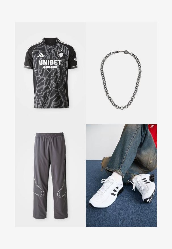 Maillot de football noir en polyester avec un motif graphique, présentant des accents blancs, un col rond et des logos de sponsors.; Pantalons de sport gris pour homme avec une taille élastique, des poches zippées et des accents réfléchissants blancs sur les côtés. Texture légère et lisse.; Baskets de sport blanches en maille avec des accents noirs, présentant un design texturé et une semelle distinctive, assorties à un jean en denim bleu.; Collier en métal avec des maillons allongés dans une couleur gunmetal foncé. Comprend un accent géométrique et un fermoir avec des détails de marque.