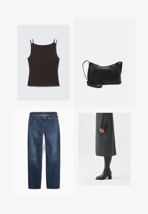 Top preto sem mangas com alças ajustáveis finas, feito de material macio, apresentando um design simples e justo com uma textura suave.; Calças de ganga azul escuro com corte de perna direita. Apresentam fecho de botão, cinco bolsos e um desvanecimento subtil no tecido.; Casaco cinza, ajustado, com corte reto; combinado com botas de couro pretas até ao joelho, com biqueira quadrada e salto grosso.; Bolsa de ombro em pele preta com textura suave, forma curva, alça ajustável e fecho com zip. Design minimalista sem adornos.