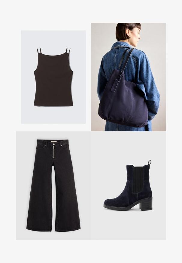 Svart top med tynne justerbare stropper, laget av mykt materiale, med et enkelt, tett design og en jevn tekstur.; Vide benbukser i sort denim med glidelås i front, fem-lomme design og subtile sømdetaljer. Glatt tekstur og avslappet stil.; Mørkeblå skinn ankelsko med elastisk sidepanel, avrundet tå og blokkhelt. Tekstilt stoff og glatt såle gir kontrast.; Marine lerrets skulderveske med en myk, strukturert form, som har en svart stropp, sydd detaljer og en liten merkeflagg.