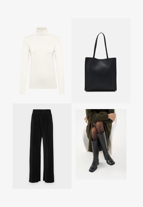 Langärmliges Oberteil mit Rollkragen in Creme, aus weichem Stoff mit figurbetontem Schnitt. Verfügt über einen hohen Kragen und eine glatte, gleichmäßige Textur.; Schwarze plissierte Hose mit elastischem Bund. Verfügt über weite Hosenbeine und einen glatten, strukturierten Stoff mit vertikalen Streifen.; Knöchelhöhe schwarze Lederstiefel mit quadrater Spitze und Blockabsatz, gezeigt mit einem Modell, das einen olivgrünen Mantel trägt. Glatte Textur, minimale Details.; Schwarze Laptoptasche aus Leder mit glatter Textur, rechteckiger Form und zwei langen Griffen. Keine sichtbaren Beschläge oder Verzierungen.
