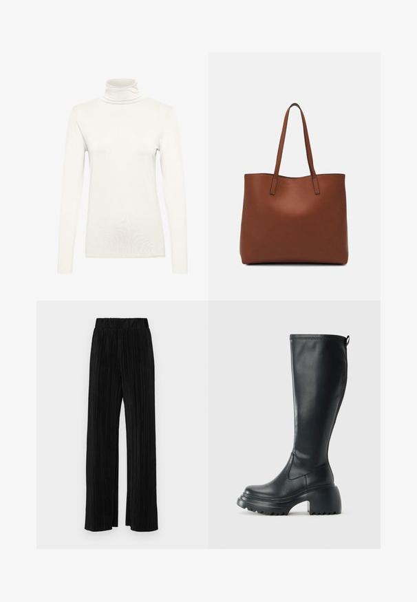 Kreminės spalvos ilgų rankovių megztinis su aukštu kaklu, pagamintas iš minkštos medžiagos su prigludusia siluetu. Turi aukštą kaklą ir lygų, tolygų tekstūrą.; Juodi plisuoti kelnės su elastine juosta. Turėkite plačias kojas ir glotnų, tekstūrinį audinį su vertikaliais dryžiais.; Ilgas juodos odinės batai su masyvi platforma ir stačiakampiu kulnu, turintys traukimo kilpą ir tekstūruotą pado raštą.; Ruda odinė priekabų krepšys su glotnia tekstūra, atviru viršumi ir dviem petnešomis. Su minimalia siuvimo detalėmis ir nematoma aparatūra.