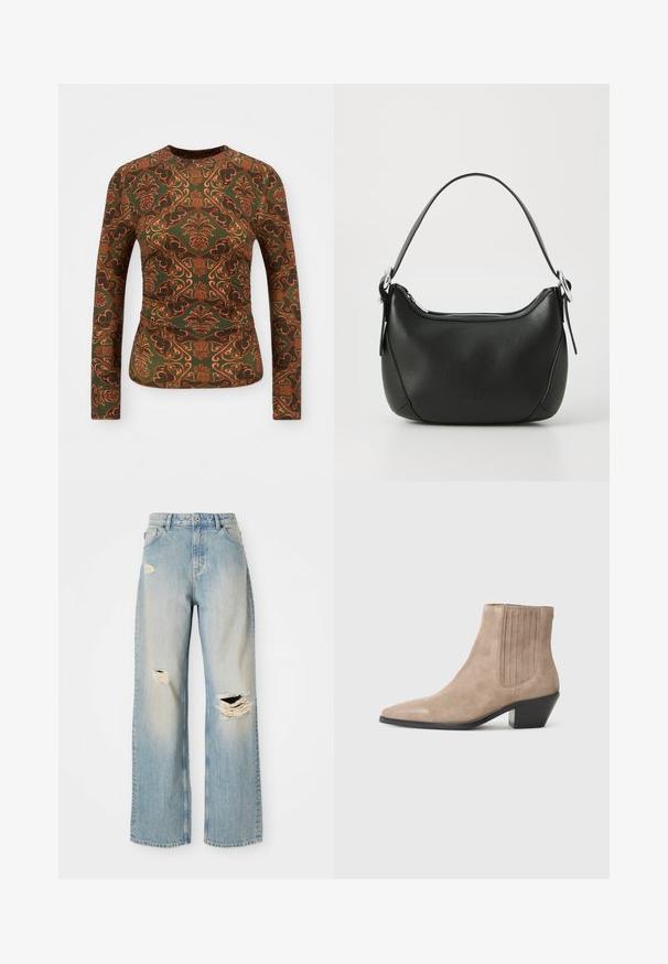 Langshemd in groene stof met een bloem- en paisleypatroon in tinten oranje en bruin. Ronde hals, aansluitend ontwerp.; Lichtblauwe rechte spijkerbroek met hoge taille, riemlussen en versleten scheuren op de linker bovenbeen, rechterknie en onder linkerpijp.; Beige suède enkellaars met een spitse neus en een gevormde hak, met verticale stiksels aan de zijkanten.; Zwarte leren handtas met een gebogen vorm, zilveren rits en een korte handgreep. Bevat een subtiel logo aan de voorkant en een gladde textuur.