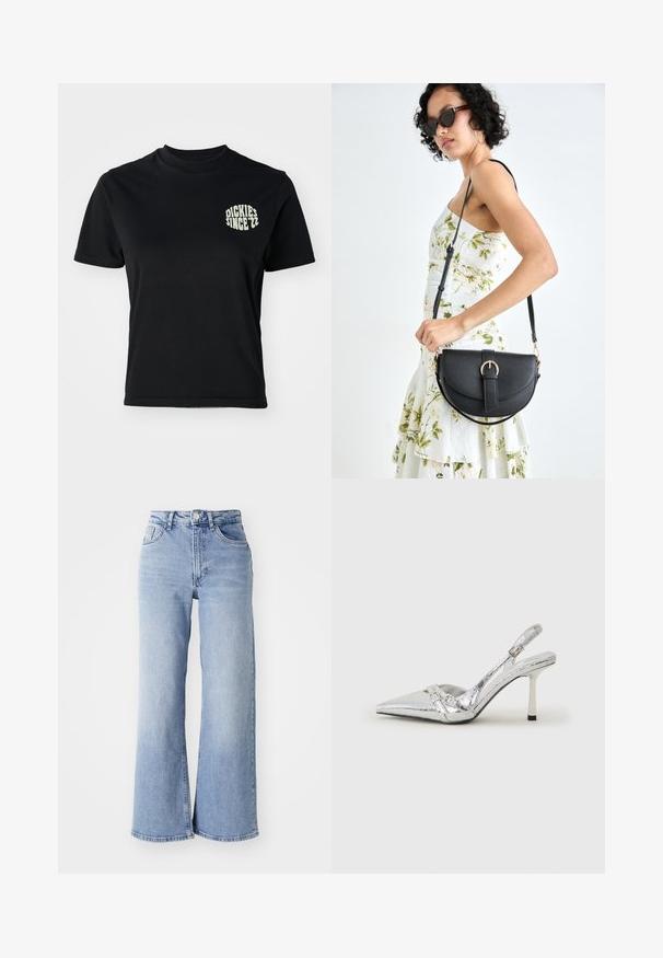 Svart bomull t-skjorte med rund hals og korte ermer; har et lys grønt grafisk trykk "DICKIES SINCE '22" på venstre brystområde.; Lyseblå høyt liv vide jeans med front- og baklommer, knappelukking og subtile falminger på lårene og kanten.; Sølv slingback høyhelte sko med spiss tå, metallisk finish, to dekorative stropper, og en slank hæl med svart tupp.; Svart lærveske med en buet form, avtagbar stropp og gullbeslag. Vesken har et klaff med spenne-detall.
