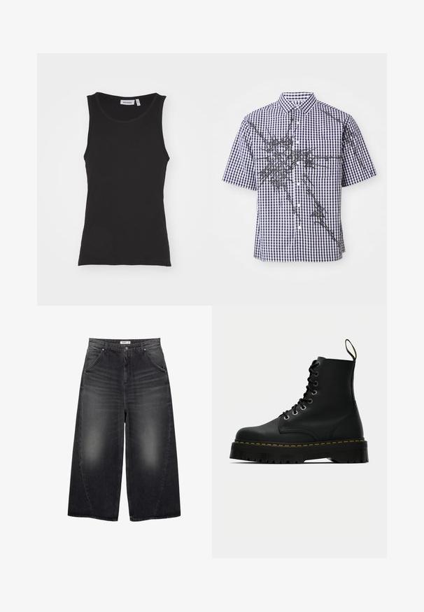 Black sleeveless tank top made of cotton, featuring a round neck, ribbed texture, and straight hemline. Label reads "WEEKDAY."; Short-sleeve button-up shirt with navy and white gingham pattern and irregular black abstract graphic lines across front and sleeves.; PULL&BEAR MEGA BAGGY - Baggy Jeans - black; Black leather lace-up ankle boots with a chunky textured rubber sole and yellow stitching detail around the platform.