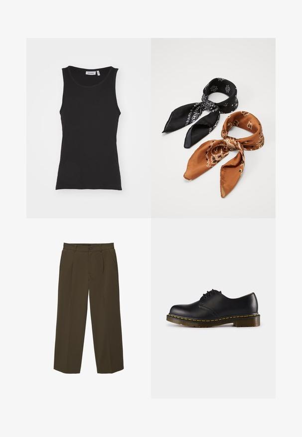 Zwarte mouwloze tanktop van katoen, met een ronde hals, geribbelde textuur en rechte zoom. Label leest "WEEKDAY."; Bruine, losse vouwbroek gemaakt van zachte stof met een vlakke voorkant, zijzakken en een knoopsluiting in de taille. Eenvoudig ontwerp zonder patronen.; Zwarte leren schoen met een ronde neus, vetersluiting, gele stiksels langs de zool en een stevige, geprofileerde rubberen buitenzool.; Twee gebloemde sjaals: de ene zwart met witte ontwerpen, de andere bruin met oranje accenten. Beide zijn van satijn gemaakt en hebben puntige uiteinden.