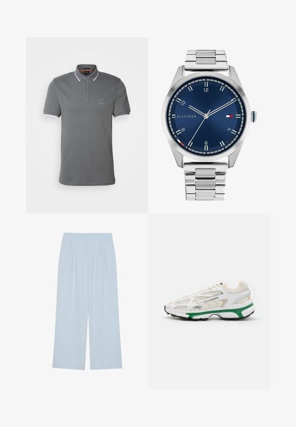 BOSS PASSERTIP - Pólóing - dark grey; Világoskék, bő szárú nadrág sima anyagból, elöl plissével és rugalmas derékkal a kényelem érdekében.; Fehér sneaker zöld részletekkel és fekete gumitalppal. Háló és szintetikus panelek találhatók rajta, texturált felülettel és látható varrással.; Ezüst színű fém óra kék, kefélt számlappal, fehér órijjelezőkkel és dátumkijelzővel. Fém, láncolt szíj és márkalogó jellemzi.