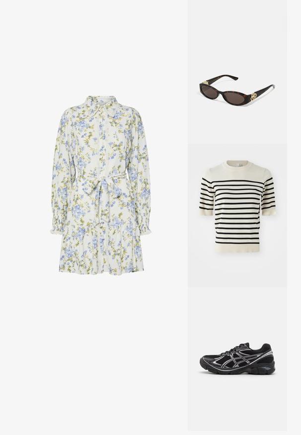Kremowy sweter z krótkim rękawem w poziome czarne paski. Posiada okrągły dekolt i miękką teksturę dzianiny. Żebrowany dół i mankiety.; Kwiatowa sukienka w bieli z niebieskimi i zielonymi kwiatami, z kołnierzykiem, zapinana na guziki z przodu, z długimi rękawami z elastycznymi mankietami i paskiem w talii.; Czarne buty sportowe z szarymi akcentami, górna część z siateczki, amortyzowana podeszwa i teksturowana gumowa podeszwa zewnętrzna. Posiadają smukły design.; Słoneczne okulary w kolorze żółwi z wydłużonymi owalnymi soczewkami, brązowym odcieniem, złotymi akcentami logo na zausznikach oraz smukłymi czarnymi ramionami.; Biała torebka kwiatowa z marszczoną powierzchnią z tkaniny, złotą łańcuszkową rączką i metalowym zapięciem. Posiada teksturowane płatki jako dodatkowy detal.; Naszyjnik z pereł i kryształów o okrągłym, koralikowym wzorze w jasnych odcieniach, z naprzemiennie umieszczonymi perłami i błyszczącymi akcentami, noszony na szyi.