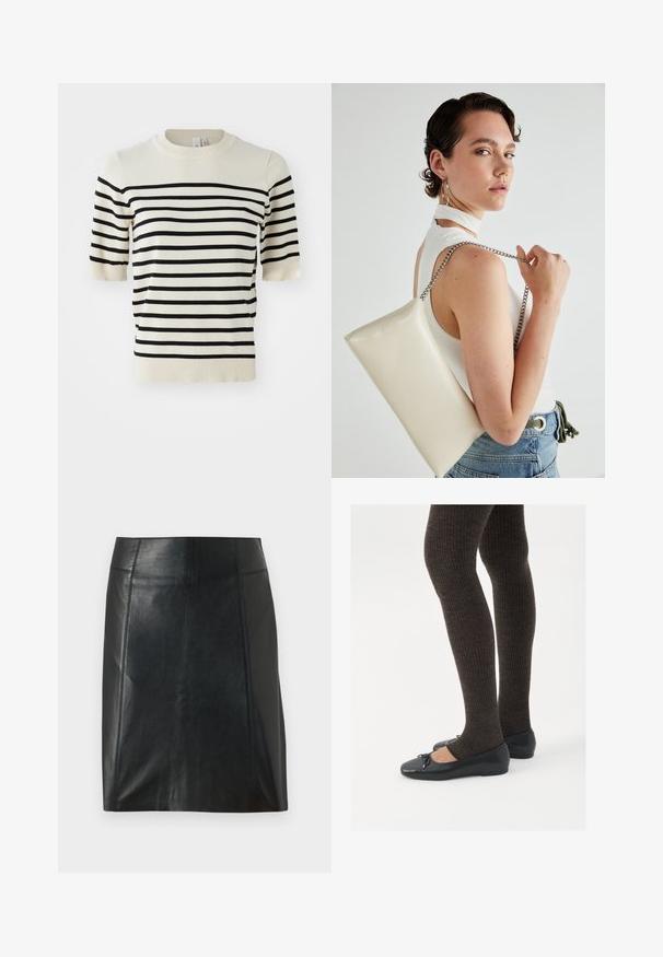 Kremowy sweter z krótkim rękawem w poziome czarne paski. Posiada okrągły dekolt i miękką teksturę dzianiny. Żebrowany dół i mankiety.; Czarna skórzana spódnica o dopasowanym kroju. Gładka tekstura, szwy podkreślające kształt i prosty dół. Minimalistyczny i elegancki wygląd.; Czarne płaskie buty z małym kokardkowym detalem na palcach, zestawione z ciemnobrązowymi rajstopami w prążki. Buty mają gładką teksturę i niski profil.; Biała prostokątna kopertówka wykonana z błyszczącego materiału, z srebrnym łańcuszkiem. Modelka pozuje, prezentując torebkę na jednolitym tle.