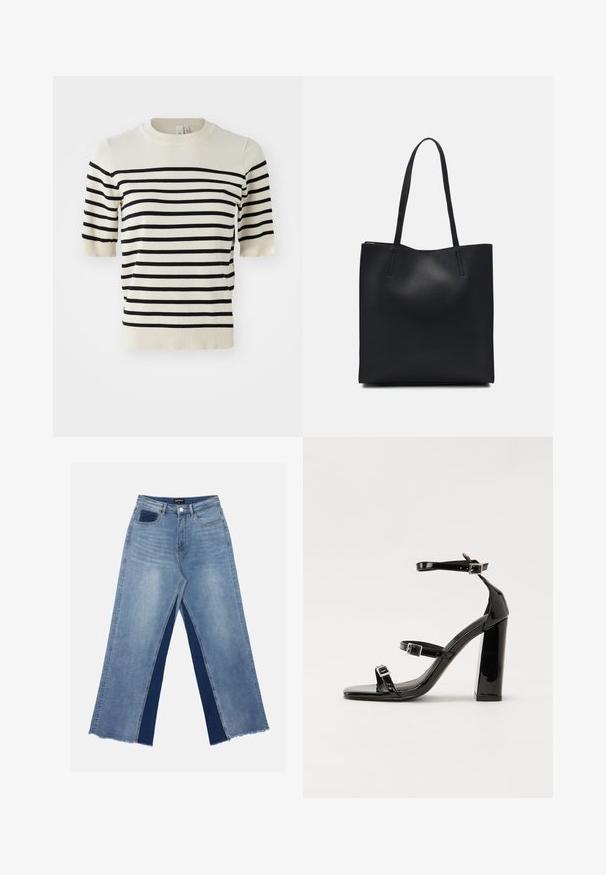 Cremfarbener Kurzarm-Pullover mit horizontalen schwarzen Streifen. Verfügt über einen runden Ausschnitt und eine weiche Strickstruktur. Bündchen und Saum gerippt.; Hellblaue weite Jeans mit kontrastierenden dunkelblauen Einsätzen, ausgefransten Säumen und einem normalen Bund mit metallener Knopfverschluss.; Schwarze patentierte Sandalen mit Absatz, quadratischer Spitze, Knöchelriemen und silbernen Schnallen. Mit einem stabilen Blockabsatz für mehr Stabilität.; Schwarze Laptoptasche aus Leder mit glatter Textur, rechteckiger Form und zwei langen Griffen. Keine sichtbaren Beschläge oder Verzierungen.