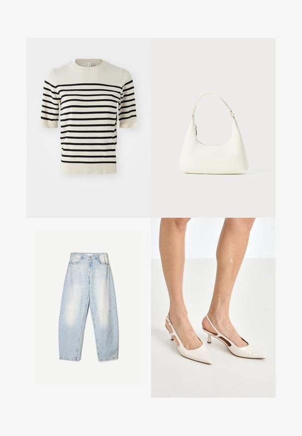 Krémový svetr s krátkým rukávem a vodorovnými černými pruhy. Má kulatý výstřih a měkkou pletenou texturu. Žebrovaný lem a manžety.; Světle modré džíny s volným střihem, s vybledlým povrchem, dvěma předními kapsami a zapínáním na knoflík v pase.; Béžové lakované lodičky na podpatku s špičatou špičkou a 5 cm podpatkem, se vykrojenými boky a tenkým kotníkovým páskem.; Malá bílá ramenní taška s jedním nastavitelným popruhem a zipovým uzávěrem, umístěná na jednobarevném bílém pozadí.