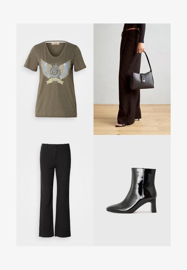 Olive zaļš t-krekls ar V veida kakla izgriezumu, kuram centrā ir rotāta sudraba un zilā spārnu dizaina prese ap apaļu motīvu.; Melni kokvilnas auduma bikses ar taisnu kāju dizainu, priekšējo pogu aizdari un divām sānu kabatām. Gluda tekstūra, bez redzamām rakstu zīmēm.; Melnas patentētas ādas potīšu zābaki ar norādītu pirkstu un vidēja augstuma kvadrātveida papēdi. Gluda tekstūra un minimālisma dizains.; Melnā somiņa ar strukturētu formu, gludu tekstūru un metālu sprādzi. Saskaņota ar platām melnām biksēm un sandālēm ar atvērtu purngalu uz koka grīdas.