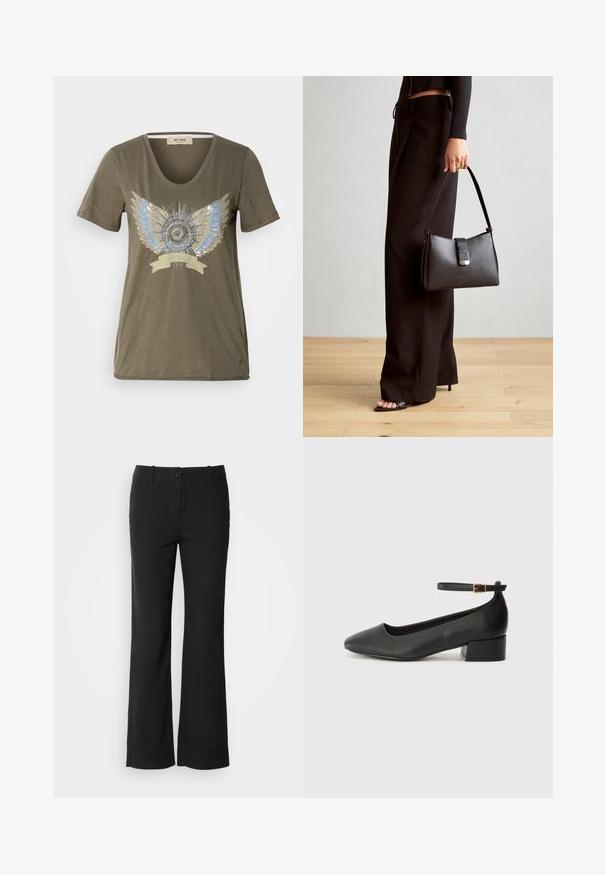Olive zaļš t-krekls ar V veida kakla izgriezumu, kuram centrā ir rotāta sudraba un zilā spārnu dizaina prese ap apaļu motīvu.; Melni kokvilnas auduma bikses ar taisnu kāju dizainu, priekšējo pogu aizdari un divām sānu kabatām. Gluda tekstūra, bez redzamām rakstu zīmēm.; Melnas ādas sūkņi ar smailu purngalu un zemu bloku papēdi. Iezīmēts ar potītes siksniņu ar zelta krāsas sprādzi. Gluda tekstūra.; Melnā somiņa ar strukturētu formu, gludu tekstūru un metālu sprādzi. Saskaņota ar platām melnām biksēm un sandālēm ar atvērtu purngalu uz koka grīdas.