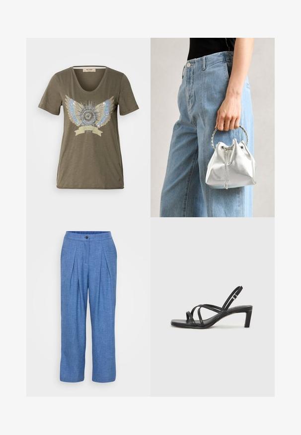 Alyvuogių žalios spalvos marškinėliai su V iškirpte, turintys centriniu blizgiu dizainu, kurio centre yra sidabriniai ir mėlyni sparnai aplink apvalų motyvą.; Mėlynos tekstūruotos lininės kelnės, turinčios raukšlėtą dizainą, užsegamos mygtuku, laisvo kirpimo su plačiomis kojomis.; Juodi šlepetės su kvadratiniu pirštu ir žemu bloku kulnu. Yra keli ploni dirželiai ir reguliuojamas kulkšnies diržas. Pagaminti iš lygios odos.; Metalinis sidabrinis kibirėlis su tekstūruota apdaila, papuoštas sidabriniu apvaliu rankeniu ir raišteliu, laikomas prieš šviesiai mėlynus džinsus.; Sidabrinis dvigubas žiedas su lygiu, poliruotu paviršiumi. Pasižymi sklandžiu, kreiptu dizainu su persipinančiomis dalimis, suteikiančiomis modernų išvaizdą.