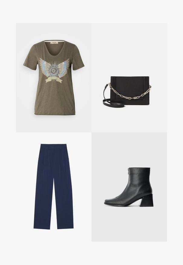 Olijfgroene T-shirt met een V-hals, met een centraal versierd ontwerp van zilveren en blauwe vleugels rond een cirkelmotief.; Navyblauwe wijde broek van zachte stof, voorzien van voorplooien, een gladde textuur en een rechte pasvorm zonder zichtbare zakken.; Zwarte leren enkellaars met vierkante neus, zijrits en blokhak tegen een effen lichte achtergrond.; Zwarte leren schoudertas met een gladde textuur, rechthoekige vorm en een metallic kettingdetail aan de voorkant. Verstelbare schouderband inbegrepen.