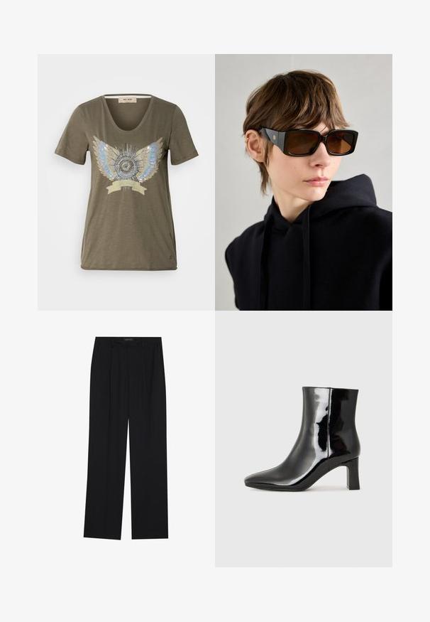 Olivově zelené tričko s výstřihem do V, které má uprostřed zdobený design stříbrných a modrých křídel kolem kruhového motivu.; Černé kalhoty se střihem rovného nohavice, které mají dvě přední kapsy a pas. Vyrobené z hladkého, lehkého materiálu.; Černé lakované kotníkové boty s špičatou špičkou a středně vysokým blokovým podpatkem. Hladká textura a minimalistický design.; Černé oversized sluneční brýle s lesklým povrchem, obdélníkovým tvarem, hnědými skleněnými čočkami a zlatým logem na stranách.