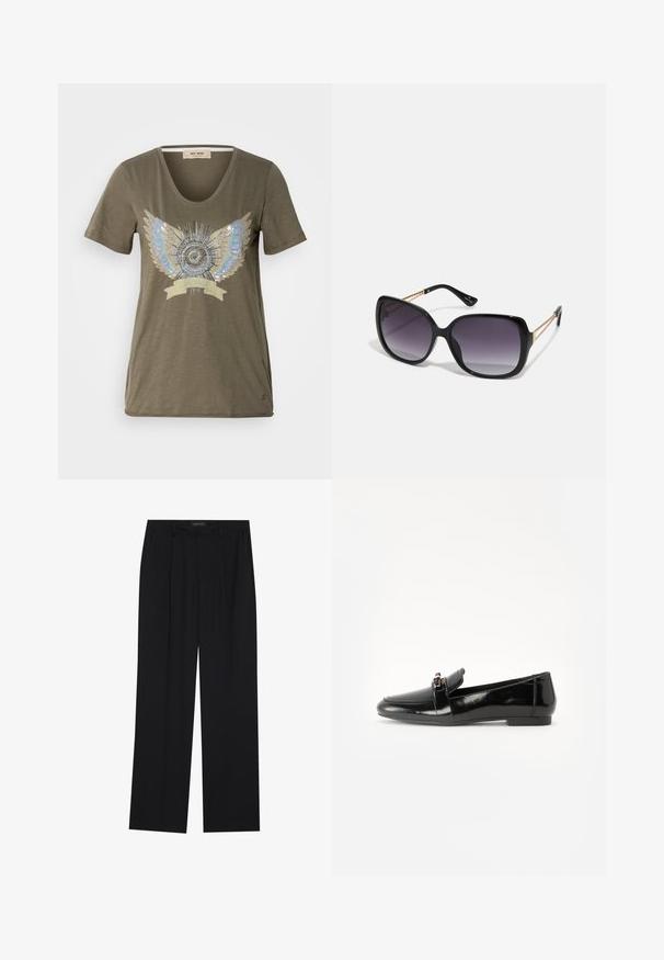 Oliven grønn T-skjorte med V-hals, med et sentralt utsmykket design av sølv- og blå vinger rundt et sirkulært motiv.; Sorte bukser med rette ben, som har to frontlommer og en talje. Laget av et glatt, lett stoff.; Svart lakkert lærloafer med flat såle, rund tå og en dekorativ rem med gulltonet akzent. Glatt, blank overflate.; Sorte oversized solbriller med gradient linser, tykke rammer og detaljering med gulltonekjede på tempelarmene.