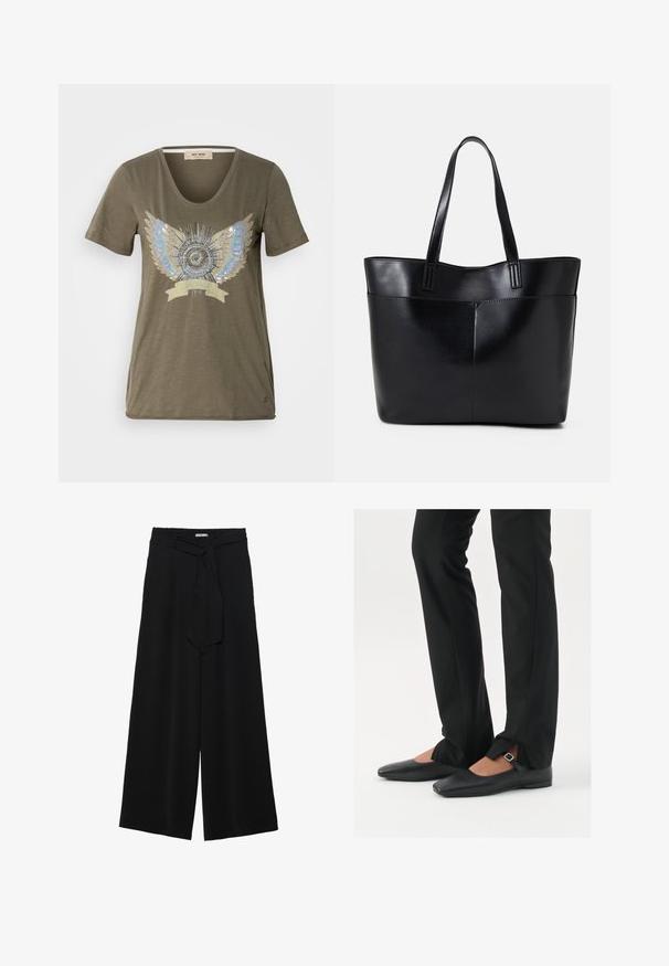 Tricou verde măsliniu cu guler în V, având un design central embellizat cu aripi argintii și albastre în jurul unui motiv circular.; Pantaloni largi negri dintr-un material texturat, cu un tiv elastic și o panglică detașabilă la talie pentru un fit ajustabil.; Balerini din piele neagră, cu vârf ascuțit, curea cu cataramă argintie, asortați cu pantaloni negri tailoring cu tiv despicat.; Geantă oversized din piele neagră, cu două mânere lungi, de textură netedă și formă structurată. Are un buzunar frontal pentru stocare suplimentară.
