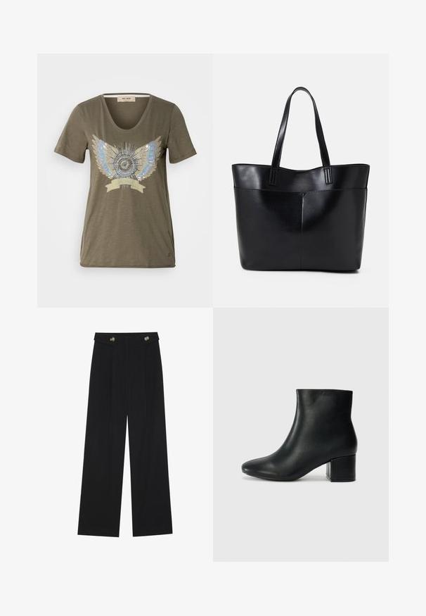 Tricou verde măsliniu cu guler în V, având un design central embellizat cu aripi argintii și albastre în jurul unui motiv circular.; Pantaloni negri cu picioare largi, talie înaltă, detalii cu butoane pe talie și pliseuri în față.; Cizme negre din piele până la gleznă, cu vârf ascuțit și toc robust. Textură netedă, cu accente minime și un design elegant, ajustat.; Geantă oversized din piele neagră, cu două mânere lungi, de textură netedă și formă structurată. Are un buzunar frontal pentru stocare suplimentară.
