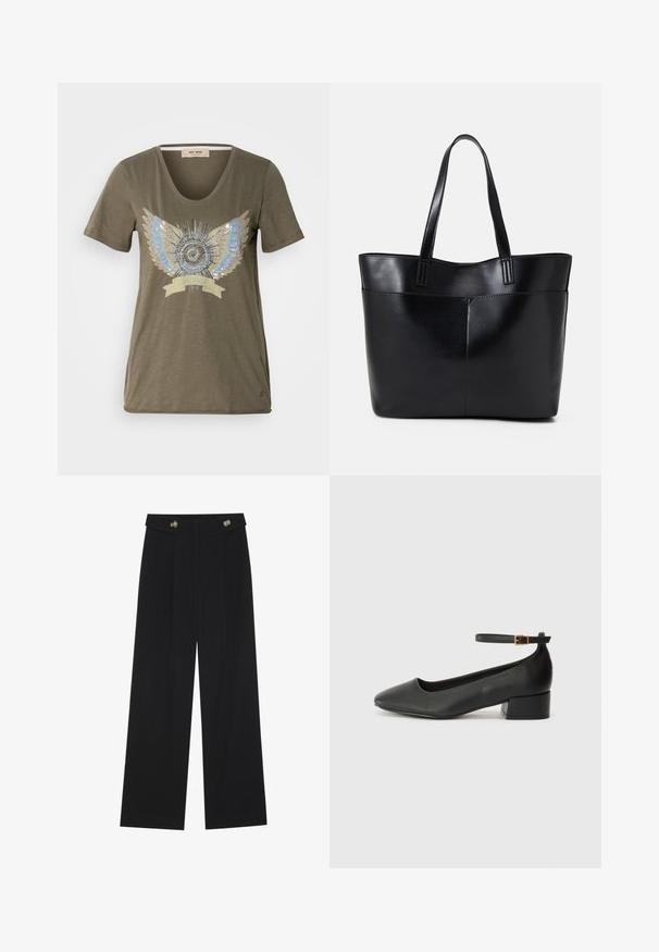 Olive green T-shirt with a V-neck, featuring a central embellished design of silver and blue wings around a circular motif.; Black wide-leg trousers with high waist, button details on waistband, and front pleats.; Black leather pump with a pointed toe and a low block heel. Features an ankle strap with a gold-tone buckle. Smooth texture.; Black leather tote bag with two long handles, a smooth texture, and a structured shape. Features a front pocket for additional storage.